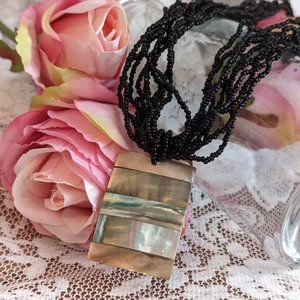 Black beaded Necklace with Shell Inlay pendant